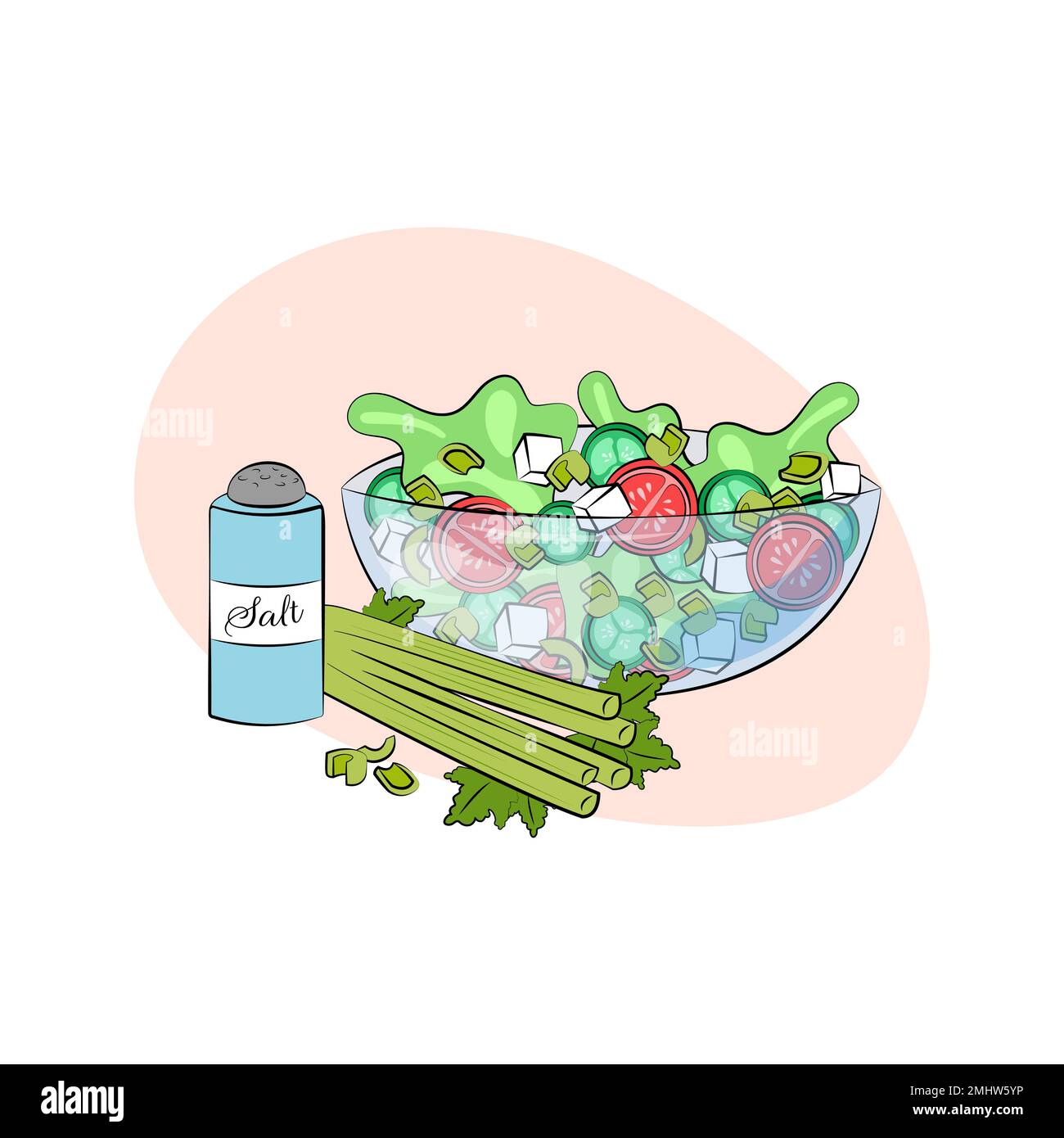 Selleriesalat. Vegetarisches Gericht. Vektordarstellung einer Schüssel mit Gemüse. Sellerie und Stiele, Salat, Tomaten, Gurken, Feta. Gesunder Spinner Stock Vektor