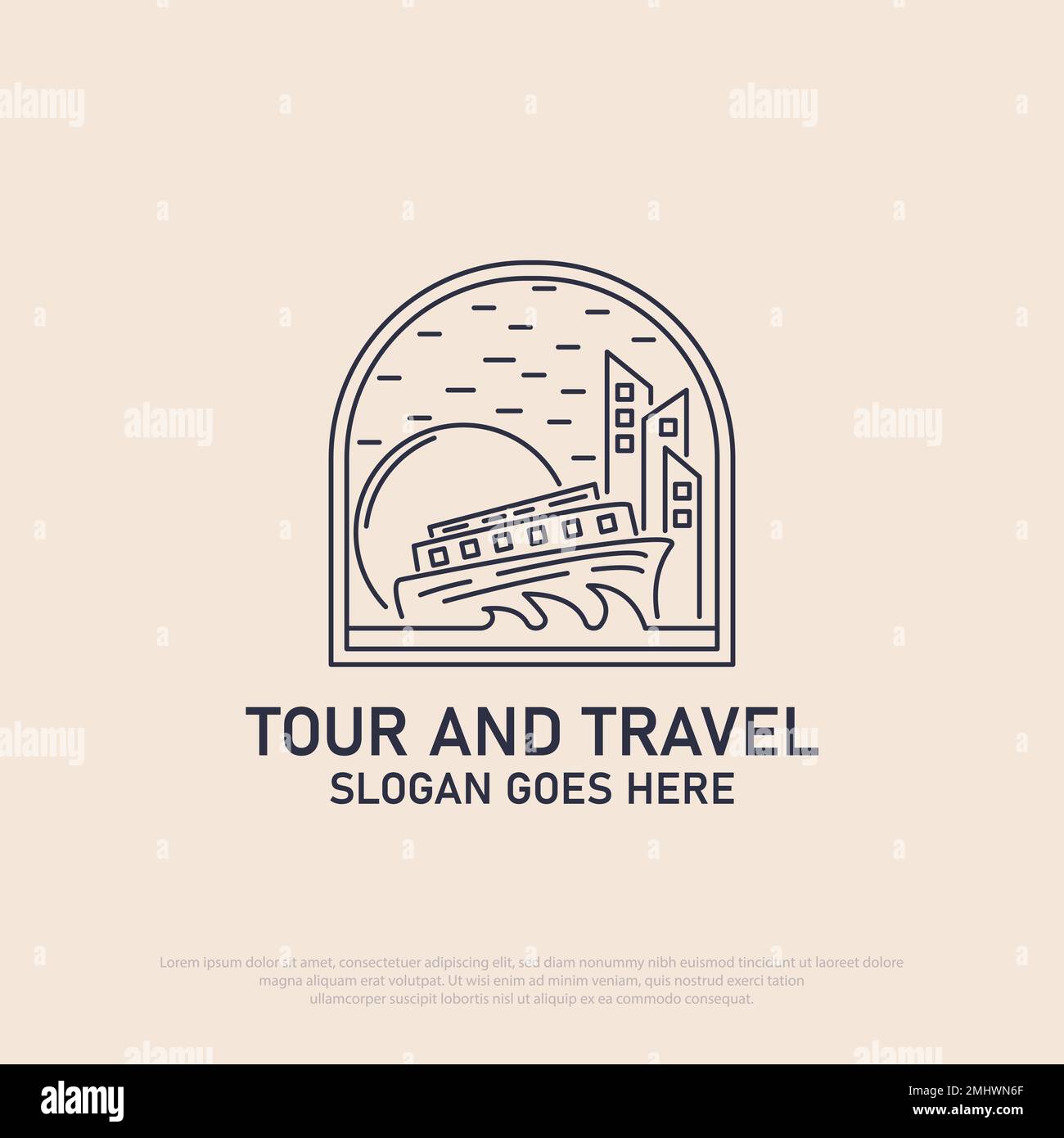 Tour- und Reise-Logo-Vektor mit Kreuzfahrtschiff-im-Mond-Licht mit Linienart-Stil, ideal für Reisen, Urlaub, Outdoor-Aktivitäten-Symbol Logo-Vektor-Vektor Stock Vektor