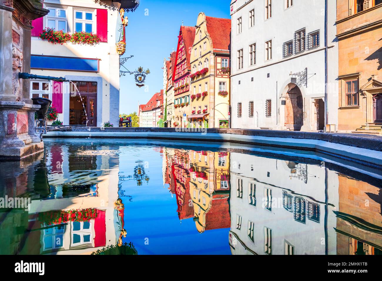 Rothenburg ob der Tauber, Deutschland. Historische Stadt Rothenburg, Franken, mittelalterliches Bayern. Romantische Straße berühmte malerische Route. Stockfoto