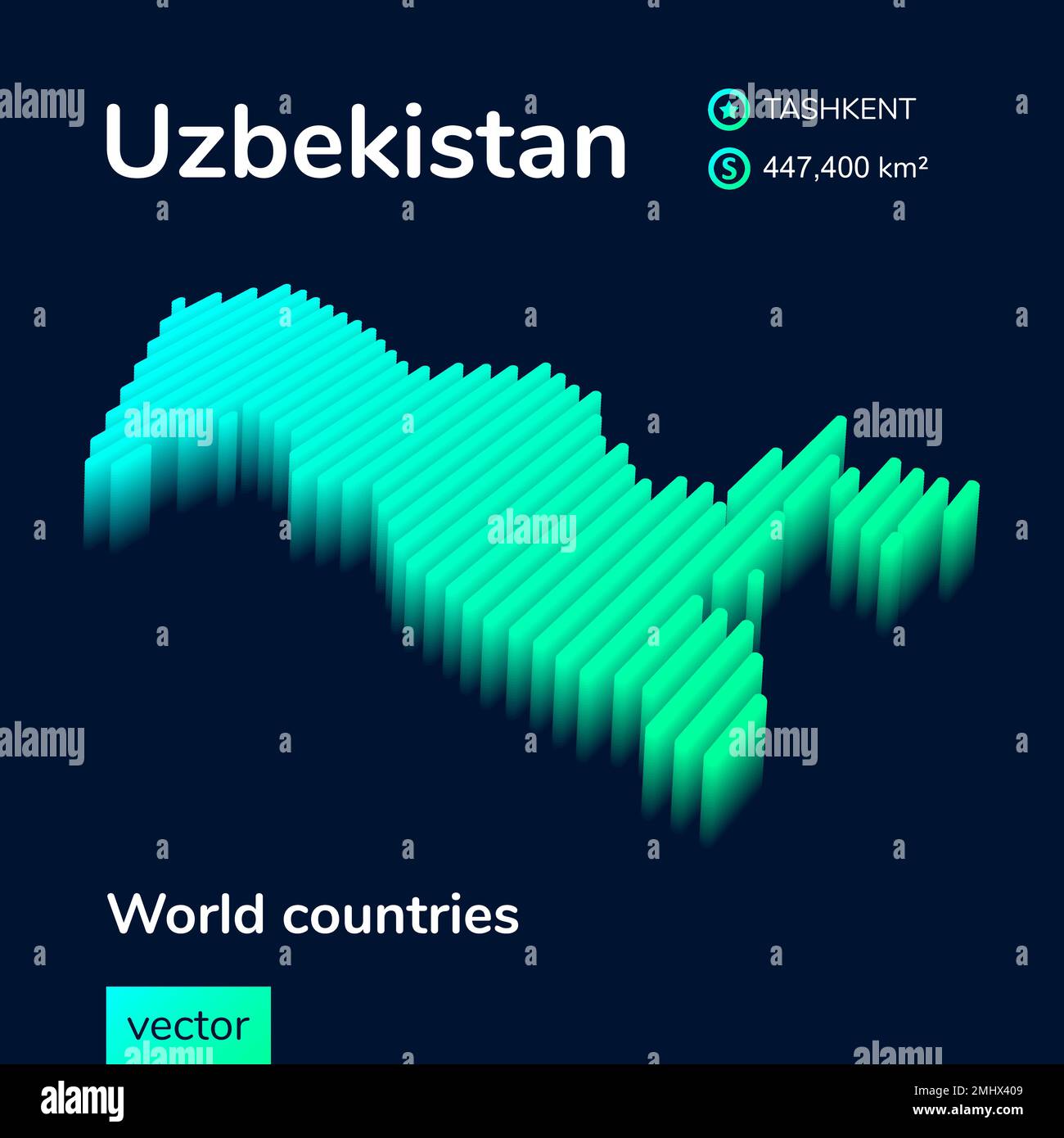 Stilisierte Neon-Karte einfacher isometrischer gestreifter Vektor Usbekistan 3D in grünen, türkisfarbenen Minzfarben Stock Vektor