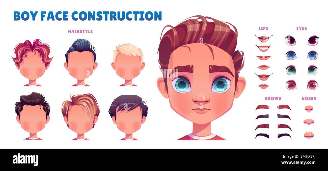 Junge-Avatar-Konstruktionsset. Kindsgesichtsschaffung mit Kopfteilen, Augen, Lippen mit unterschiedlichen Emotionen, Nasen, Frisuren, Augenbrauen isoliert auf weißem Hintergrund, Vektor-Cartoon-Set Stock Vektor