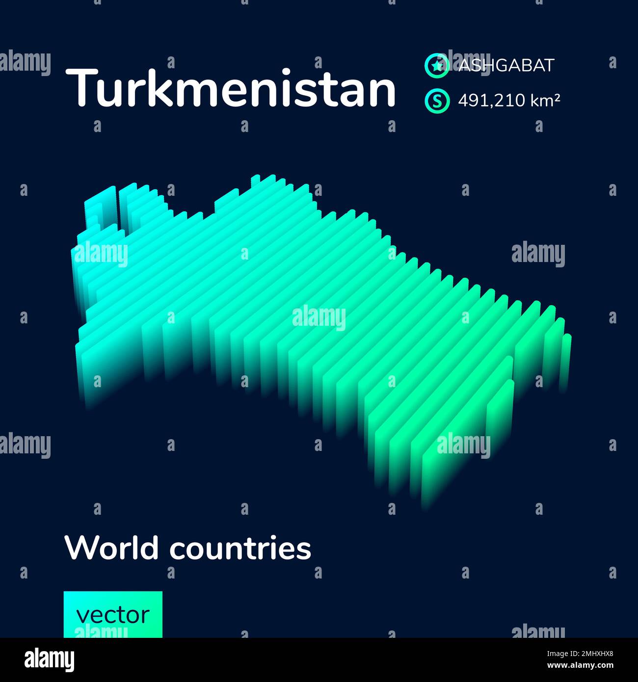 Turkmenistan 3D-Karte. Stilisierte Neonfarben Einfache digitale isometrische gestreifte Vektordarstellung. Die Karte von Turkmenistan ist in Grün, Türkis und Minzfarben gehalten Stock Vektor