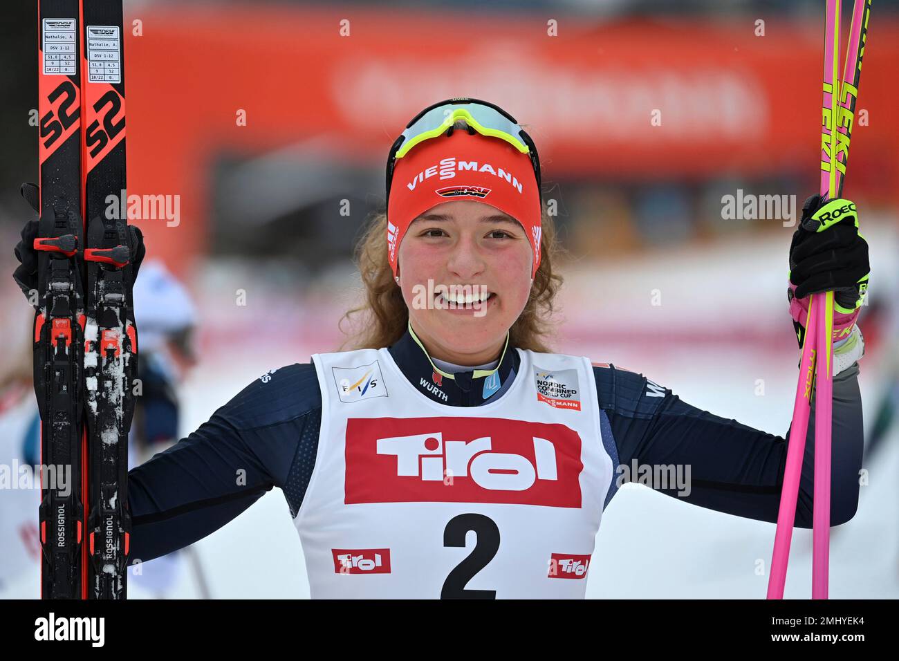 Nathalie ARMBRUSTER (GER), 2. Platz, Jubel, Freude, Enthusiasmus, Action, Einzelbild, einzelnes Motiv, halbe Figur, halbe Figur. Frauen individuell Gundersen NH/5 km, individueller Wettbewerb der Frauen FIS-Weltmeisterschaft Nordic kombiniert in Seefeld/Tirol am 27. Januar 2023? Kredit: dpa Picture Alliance/Alamy Live News Stockfoto