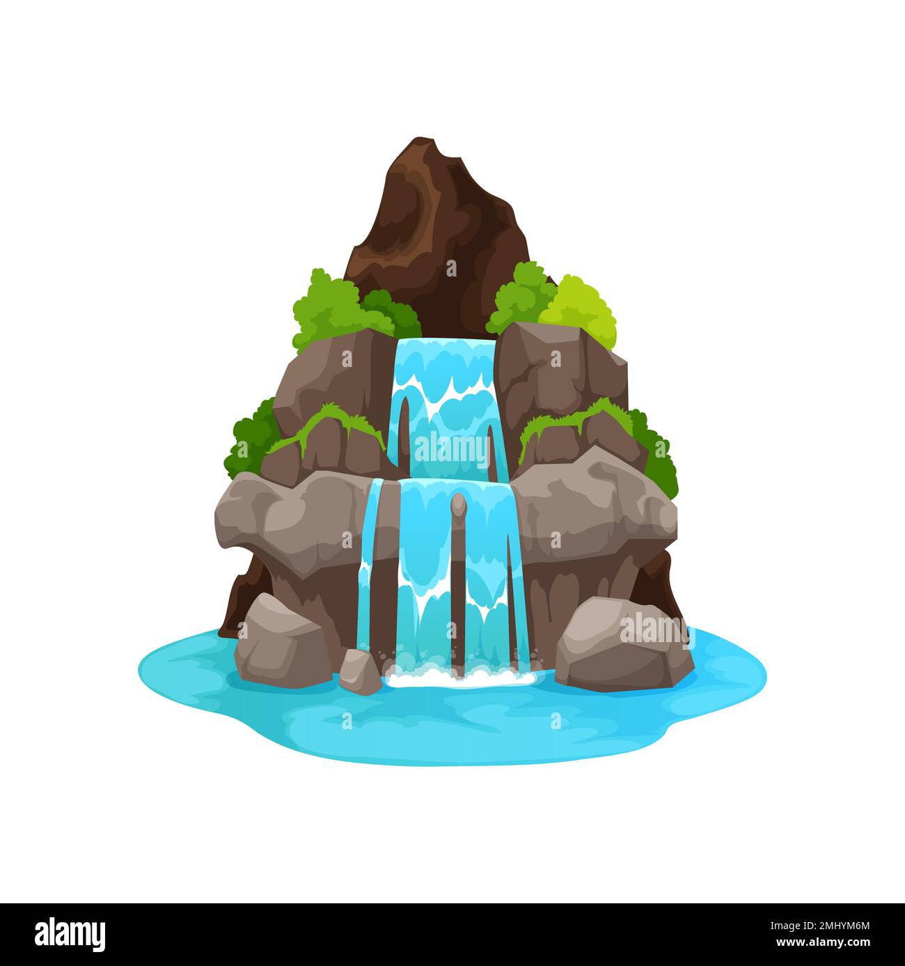 Cartoon-Wasserfall, Dschungel-Wasserfall. Einsamer Regenwald im Dschungel, Flusslandschaft in den Bergen. Vektorszene mit blauem Wasserfall, sauberer Wasserkaskade, die von Felsen im See fällt Stock Vektor