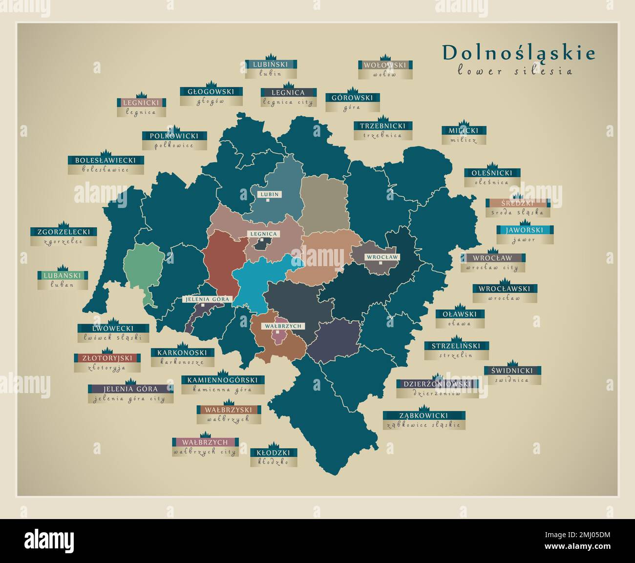 Moderne Karte - Dolnoslaskie (niederschlesien) mit Bezirken und Städten Stock Vektor