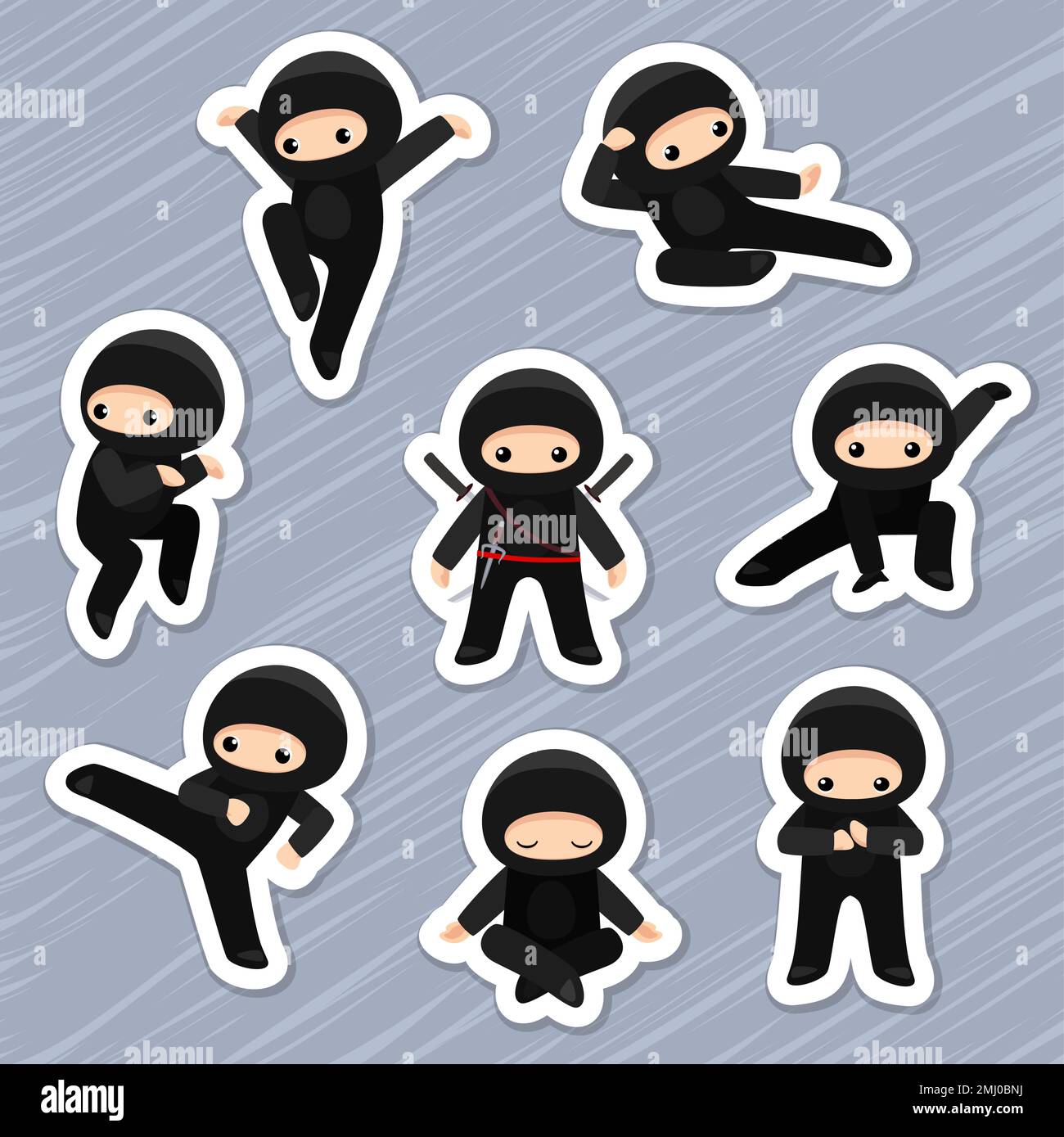 Cartoon Ninja shinobi in verschiedenen Posen Aufkleber Stock Vektor