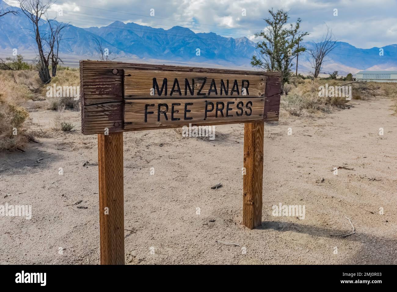 Unterschreiben Sie für die Manzanar Free Press-Zeitung an der Manzanar National Historic Site, Owens Valley, Kalifornien, USA Stockfoto