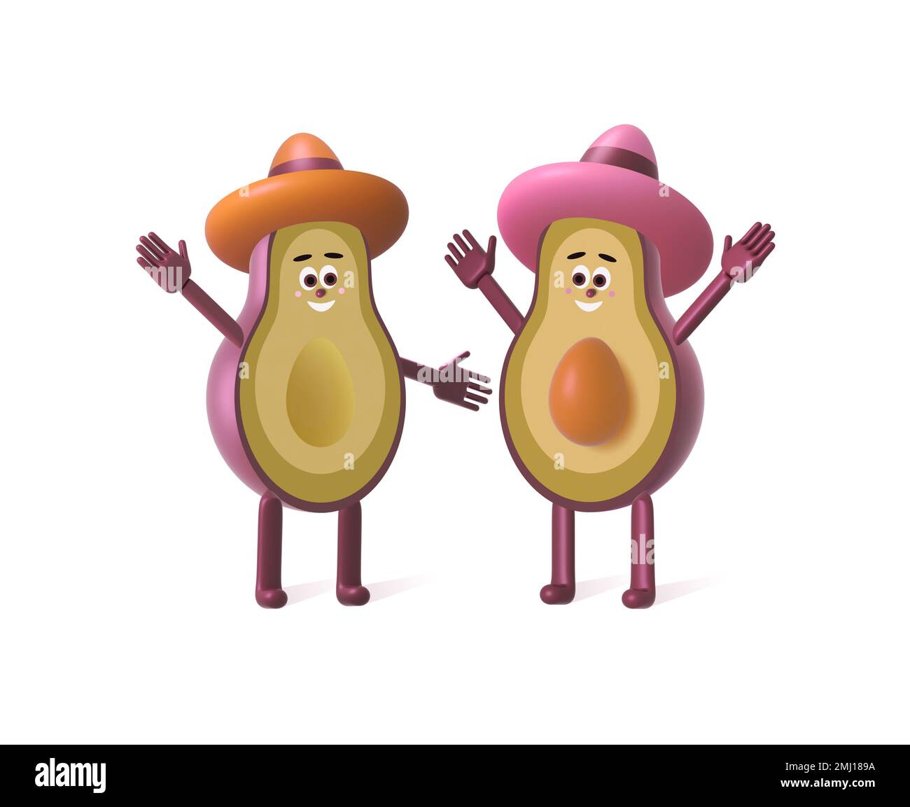 Fröhliche Avocado-Hälften in einem Sombrero im stil der 3D Jahre. Glückliches Avocado-Paar. Stockfoto