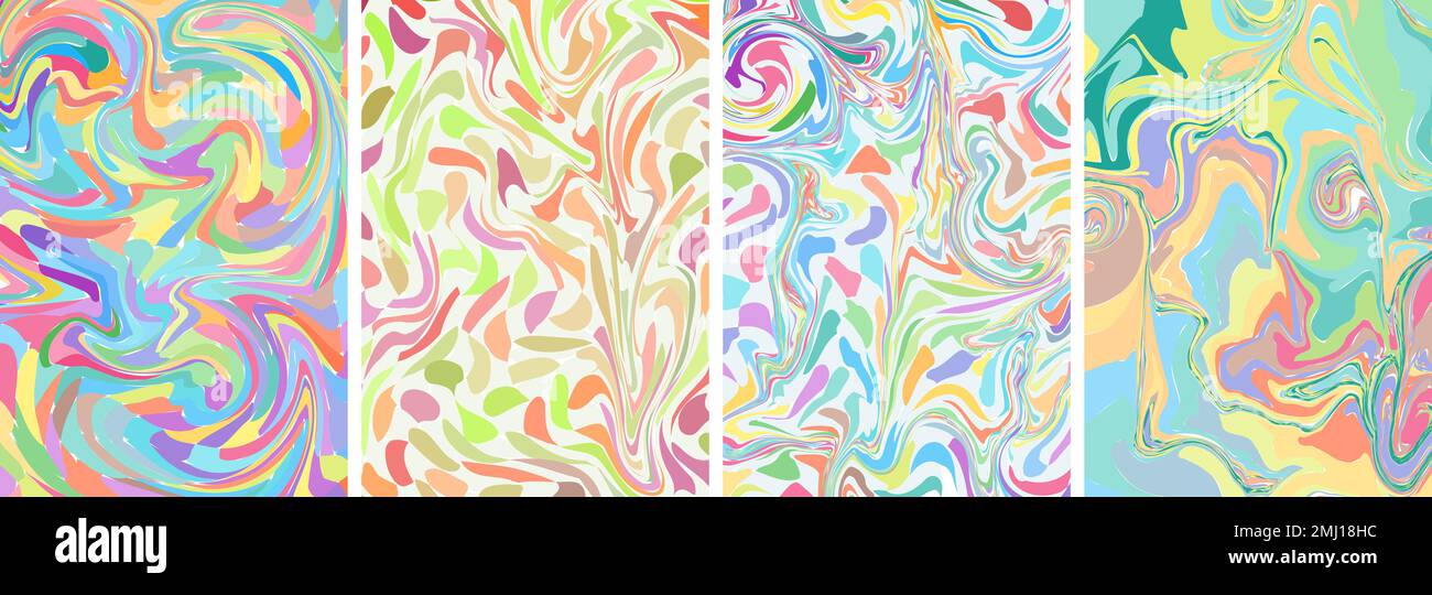 Retro-Poster-Set mit bunten Kunstwerken. Psychedelische Hippie-Kollektion in Aquarellfarben mit Regenbogen. Klassische Hippie-verrückte, abstrakte Banner. Trendige Popkultur im hellen Design Stock Vektor