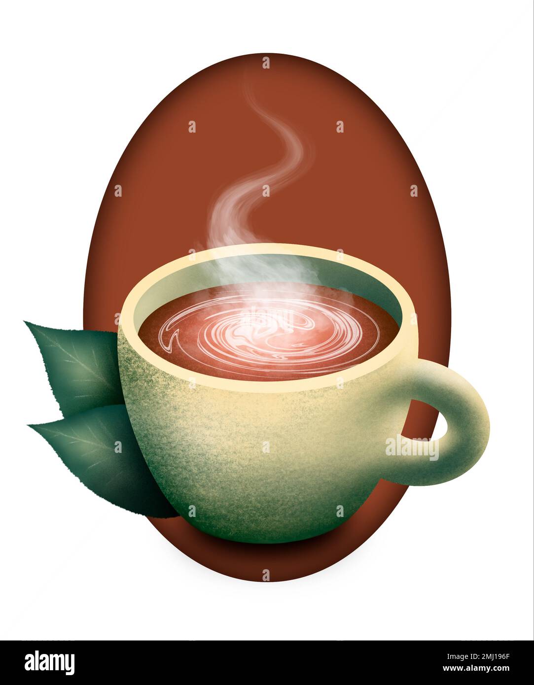 Logo für heiße Kaffeetasse. Handgemalte Kaffeetasse mit Blättern. Stockfoto