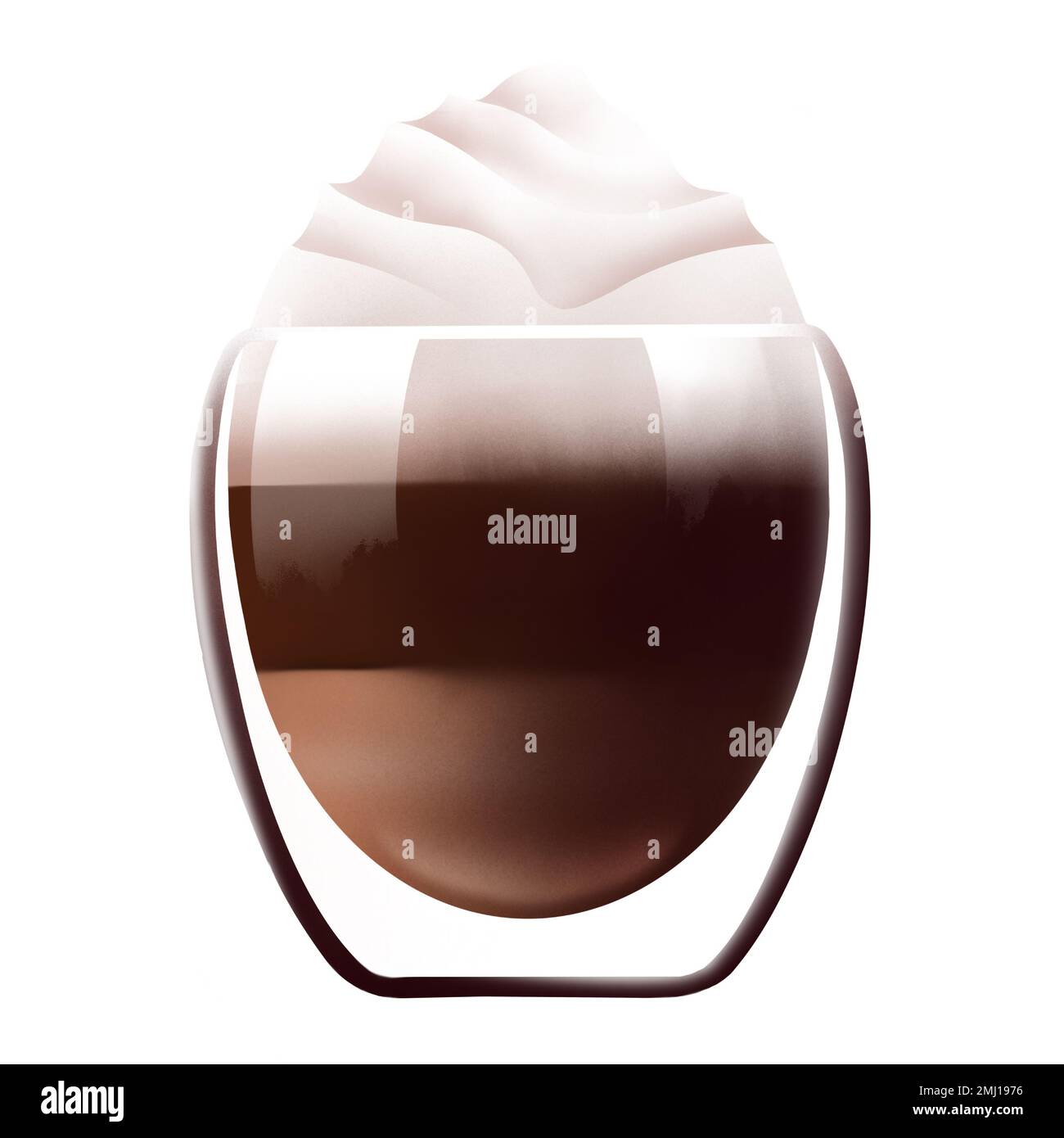 Realistischer Cappuccino mit reichhaltigem Schaum in einem transparenten Glas. Kaffee-Logo für Menü. Stockfoto
