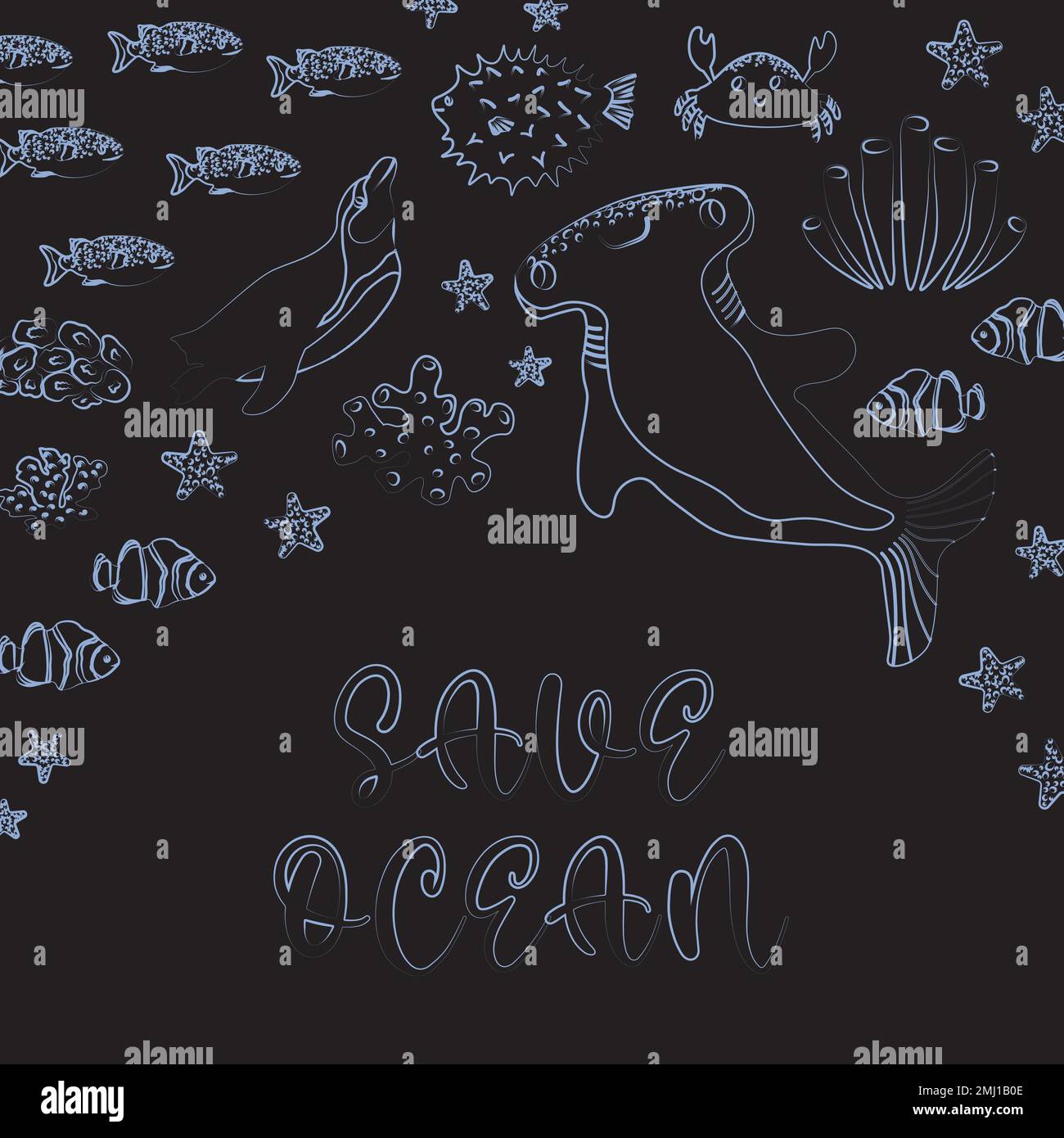 Vektor Ozean Illustration mit Pinguin, Hammerhaie Fische, Korallen. Save Ocean - Moderne Schrift. Unterwasser Meerestiere. Ökologisches Design für Banner Stock Vektor