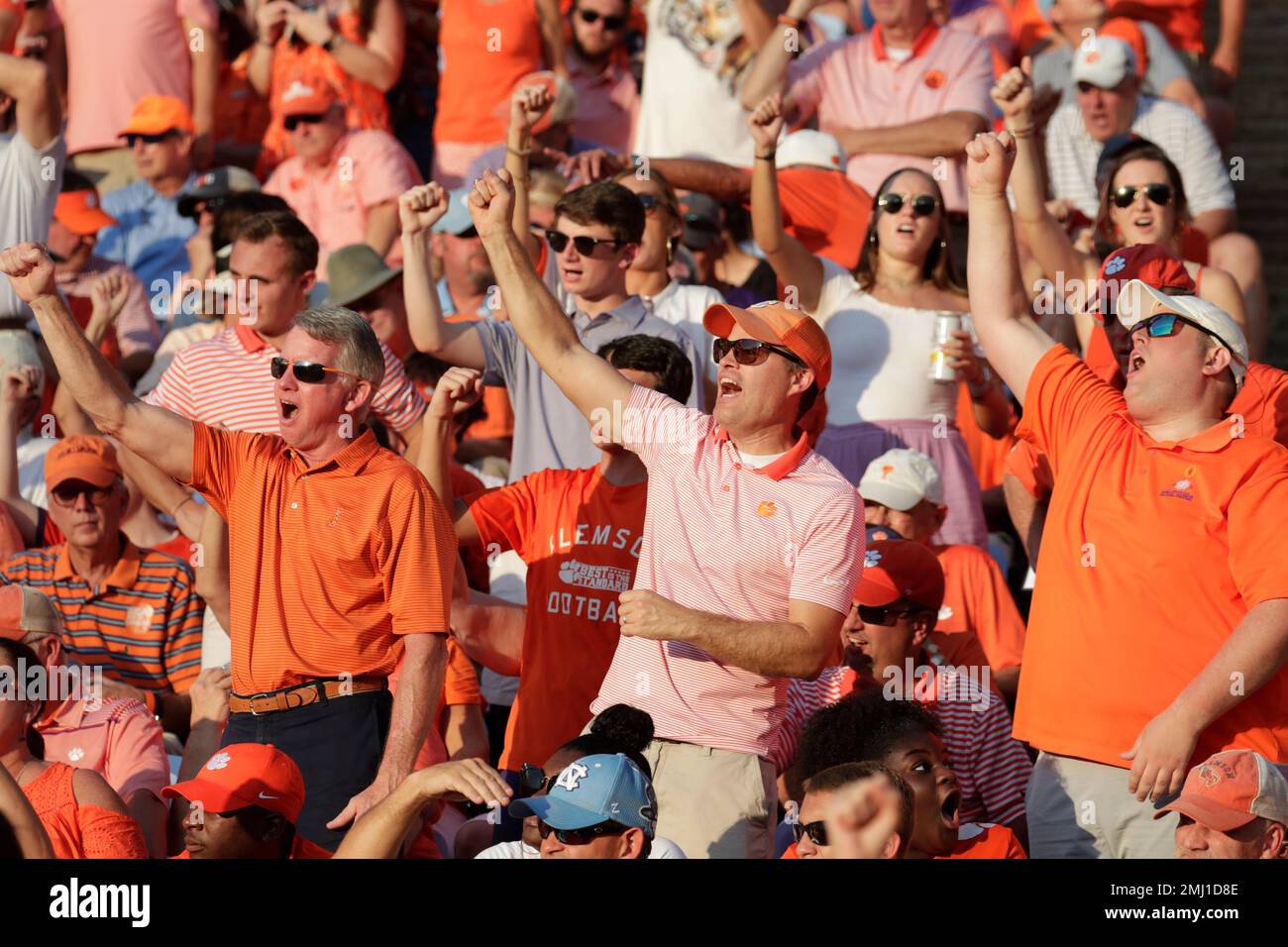 Clemson fans cheer on the team during the second half of an NCAA college football game against North Carolina in Chapel Hill, N.C., Saturday, Sept. 28, 2019. (AP Photo/Chris Seward) Stockfoto