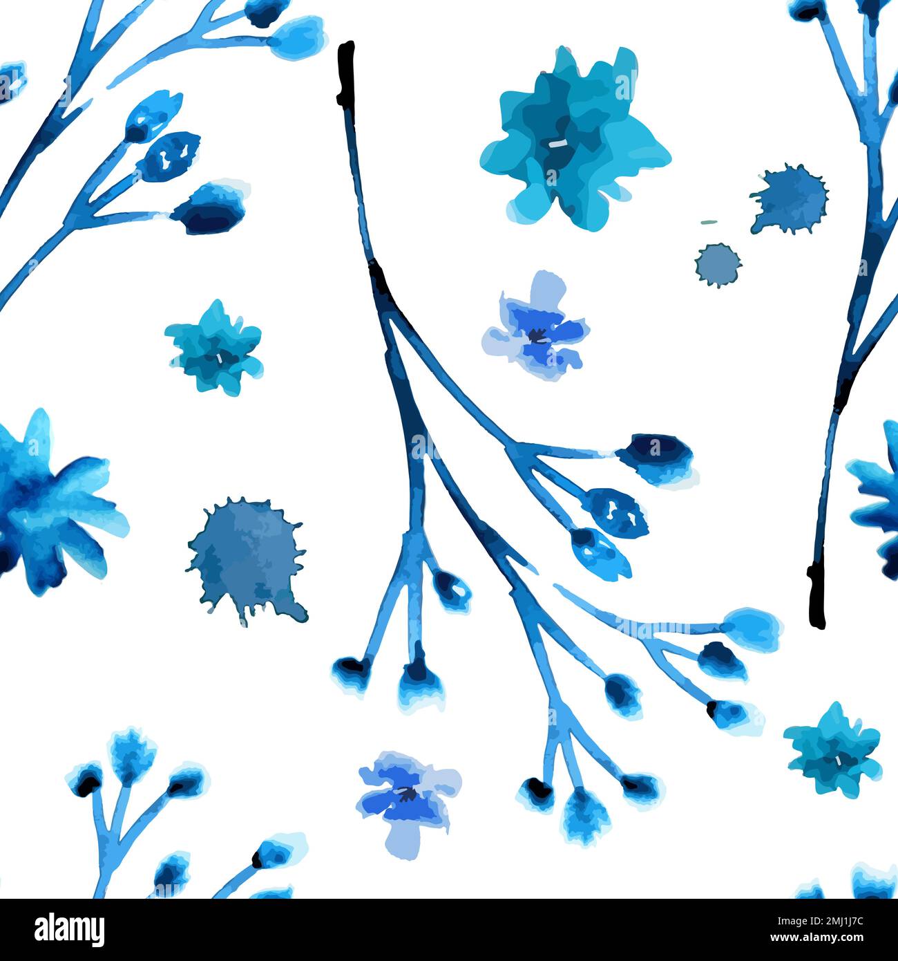 Handbemalte Tinte in Aquarellfarben hinterlässt ein nahtloses Blumenmuster. Nahtloser, wasserfarbener blauer Hintergrund mit Blumen und Ästen. Vektordarstellung Stock Vektor
