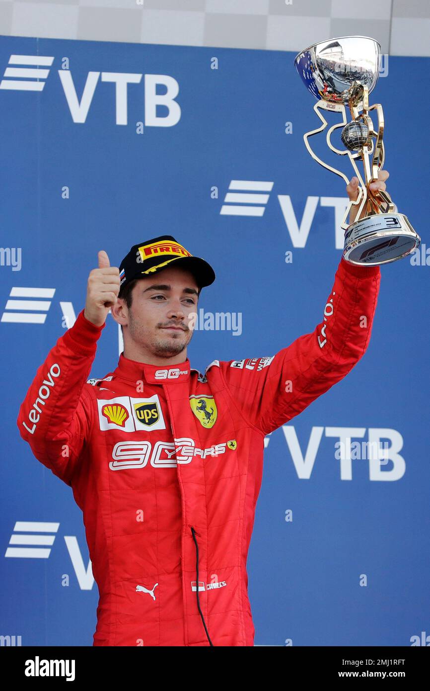Third placed Ferrari driver Charles Leclerc of Monaco celebrates on the podium at the end of the Russian Formula one Grand Prix, at the 'Sochi Autodrom' Formula One circuit, in Sochi, Russia, Sunday, Sept. 29, 2019. (AP Photo/Luca Bruno) Stockfoto