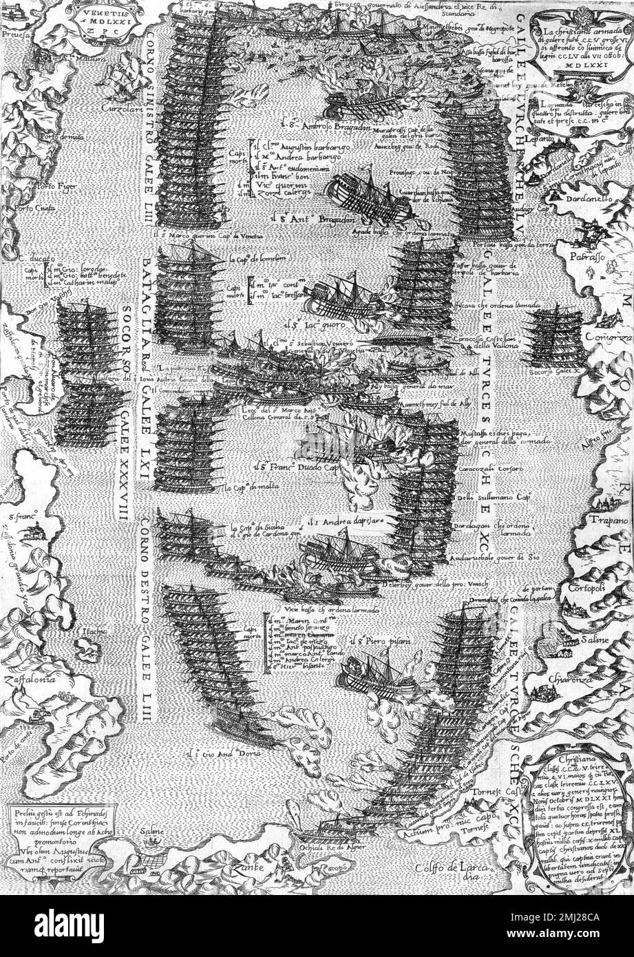 Schlacht von Lepanto, 1571. Der eingravierte Aufdruck zeigt die Formationen venezianischer und türkischer Schiffe, die sich im Oktober 1571 in den Gewässern des Golfs von Korinth (Griechenland) in der Schlacht abgewandt haben Stockfoto