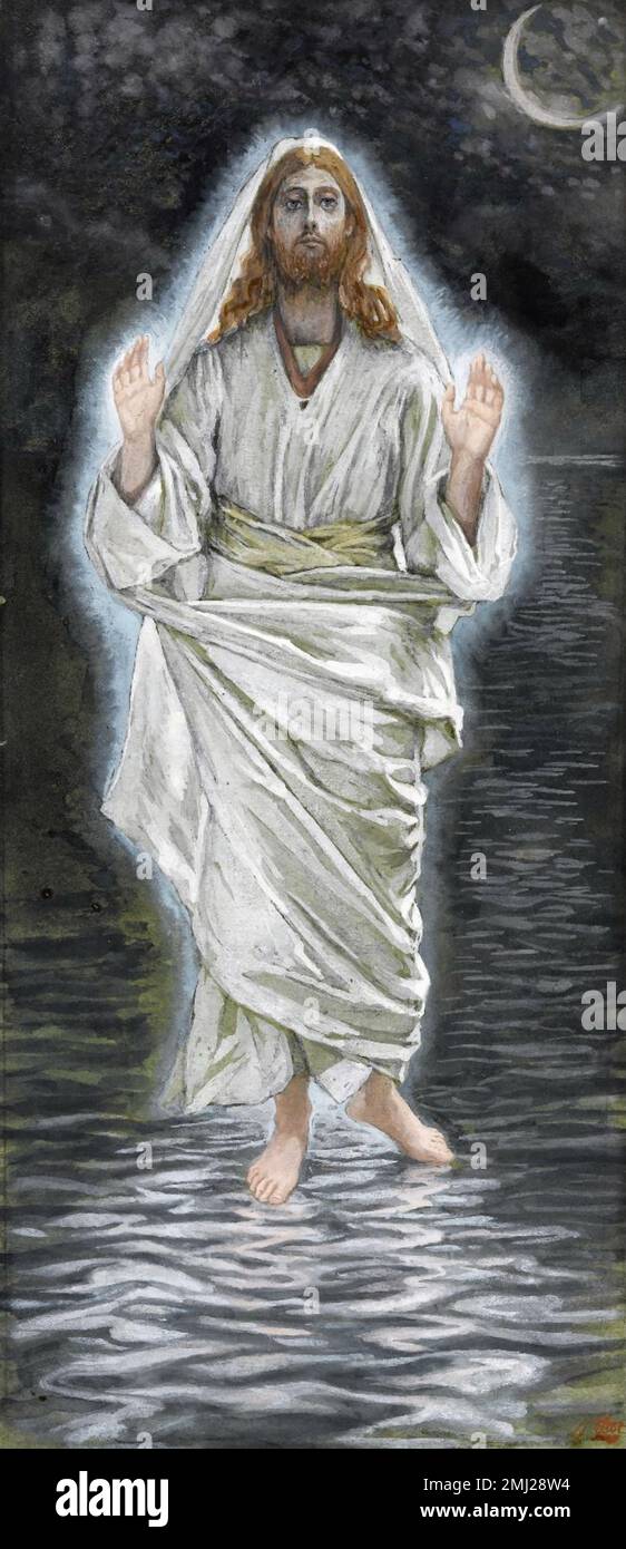 James Tissot. Gemälde mit dem Titel "Jesus Walks on the Sea (Jésus marche sur la mer)" des französischen Künstlers Jacques Joseph Tissot (1836 -1902), undurchsichtige Aquarelle über Graphit auf grauem gewebtem Papier, c.1886-94. Um seine verängstigten Apostel auf stürmischem Meer zu beruhigen, geht Jesus über das Wasser, aber das erschreckt sie noch mehr, da sie ihn für einen Moment als Geist betrachten Stockfoto