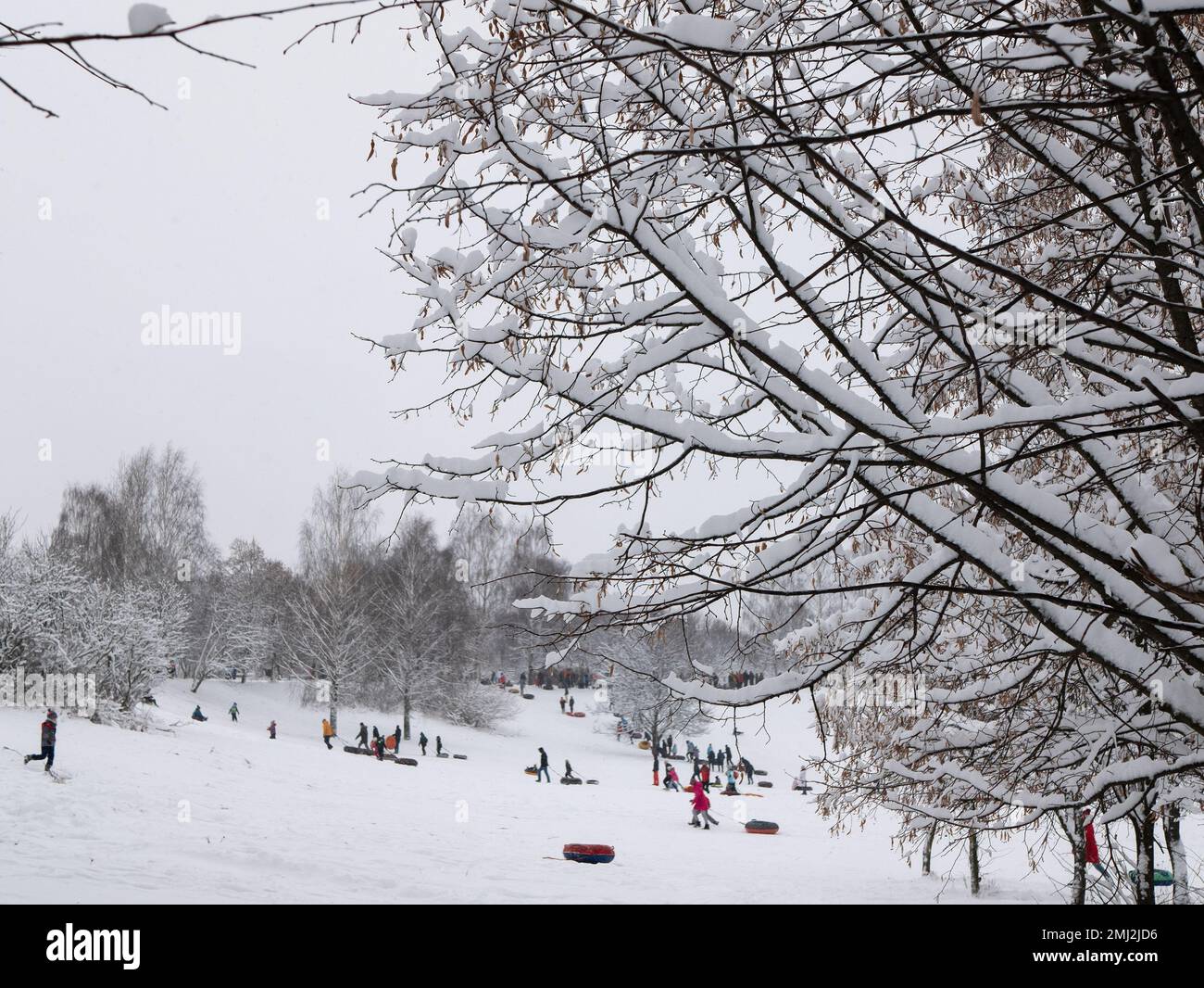 Snow Tubing Park, selektiver Fokus. Kinder und Erwachsene mit Schneeröhren genießen das Rutschen auf dem Schnee Stockfoto