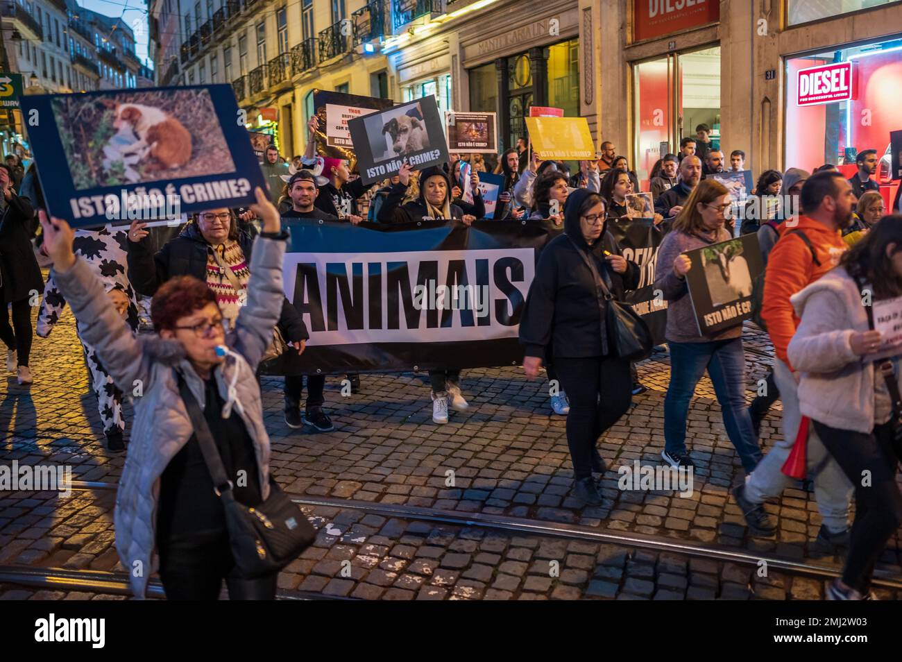 Hunderte von Menschen protestieren in Lissabon für Tierrechte inmitten des Verfassungsstreits, Portugal Stockfoto