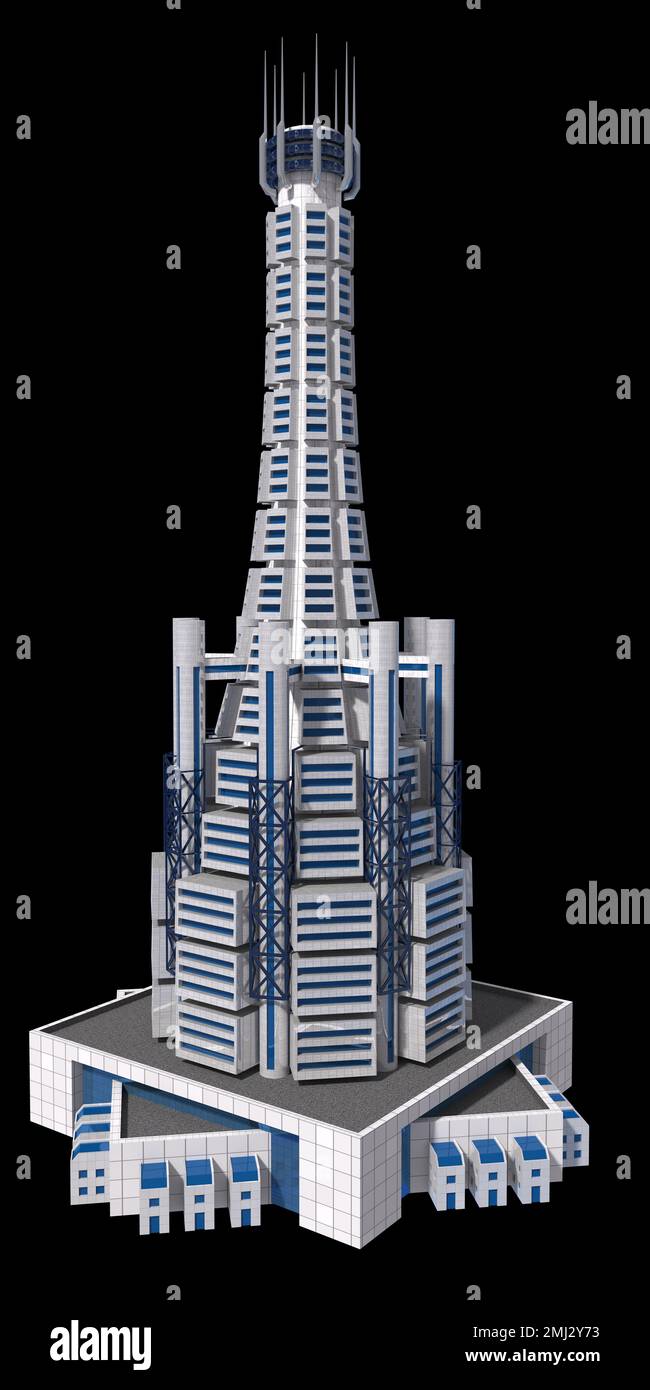 Futuristische Stadtarchitektur mit dem isolierten Pfad, der in der Abbildung von 3D enthalten ist. Stockfoto