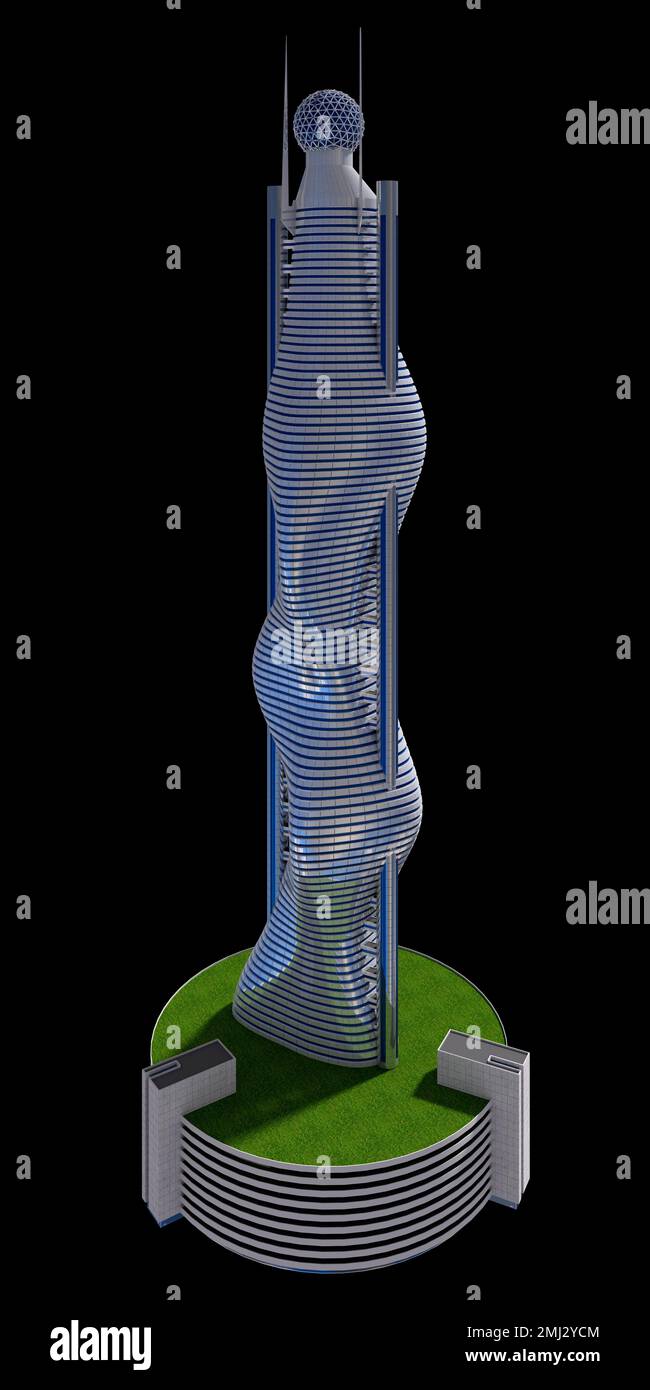 Futuristische Wolkenkratzer-Architektur mit dem isolierten Pfad, der in der Abbildung von 3D enthalten ist. Stockfoto