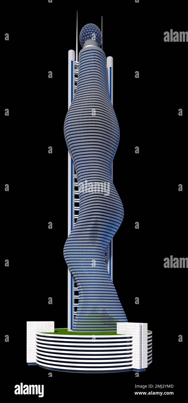 Futuristische Wolkenkratzer-Architektur mit dem isolierten Pfad, der in der Abbildung von 3D enthalten ist. Stockfoto