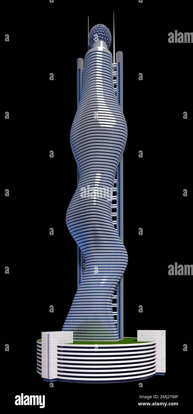 Futuristische Wolkenkratzer-Architektur mit dem isolierten Pfad, der in der Abbildung von 3D enthalten ist. Stockfoto