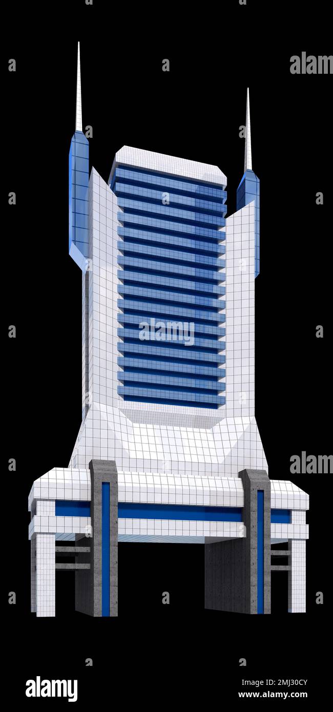 Futuristische Hochhausarchitektur der Stadt mit dem isolierten Pfad, der in der Abbildung von 3D enthalten ist. Stockfoto