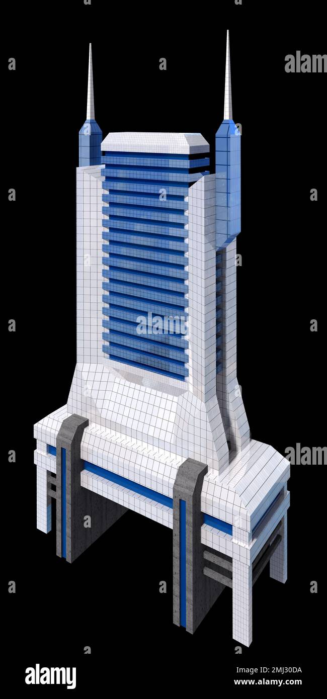 Futuristische Stadtarchitektur mit dem isolierten Pfad, der in der Abbildung von 3D enthalten ist. Stockfoto