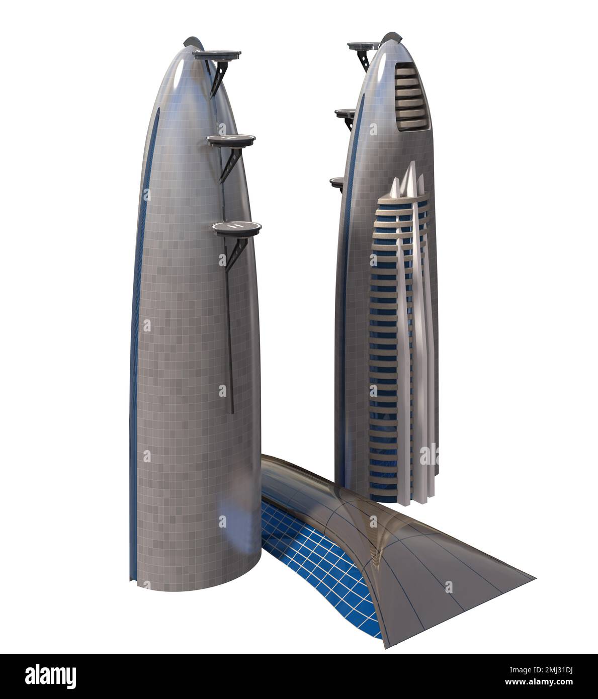 Futuristische Stadtarchitektur aus dem Jahr 3D mit dem isolierten Pfad in der Abbildung. Stockfoto