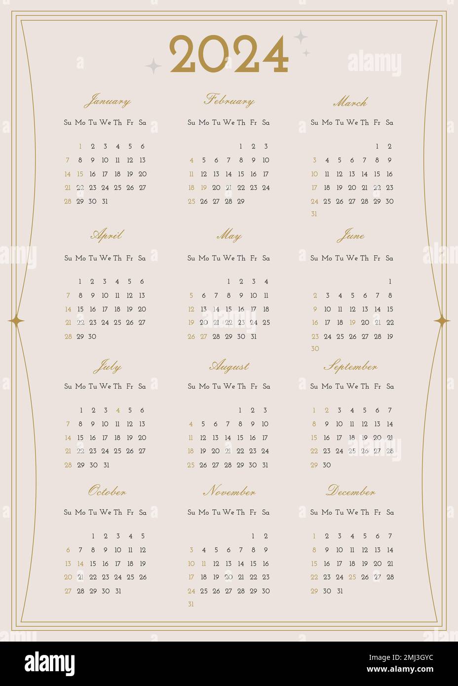 Kalender 2024 im minimalistischen Stil. US-amerikanisches Gitter. Vektorvorlage Stock Vektor