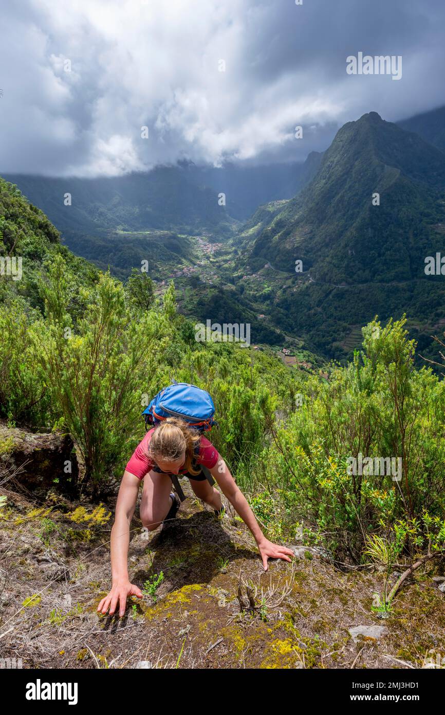 Wandern, Green Mountain Valley, Boaventura, Madeira, Portugal Stockfoto