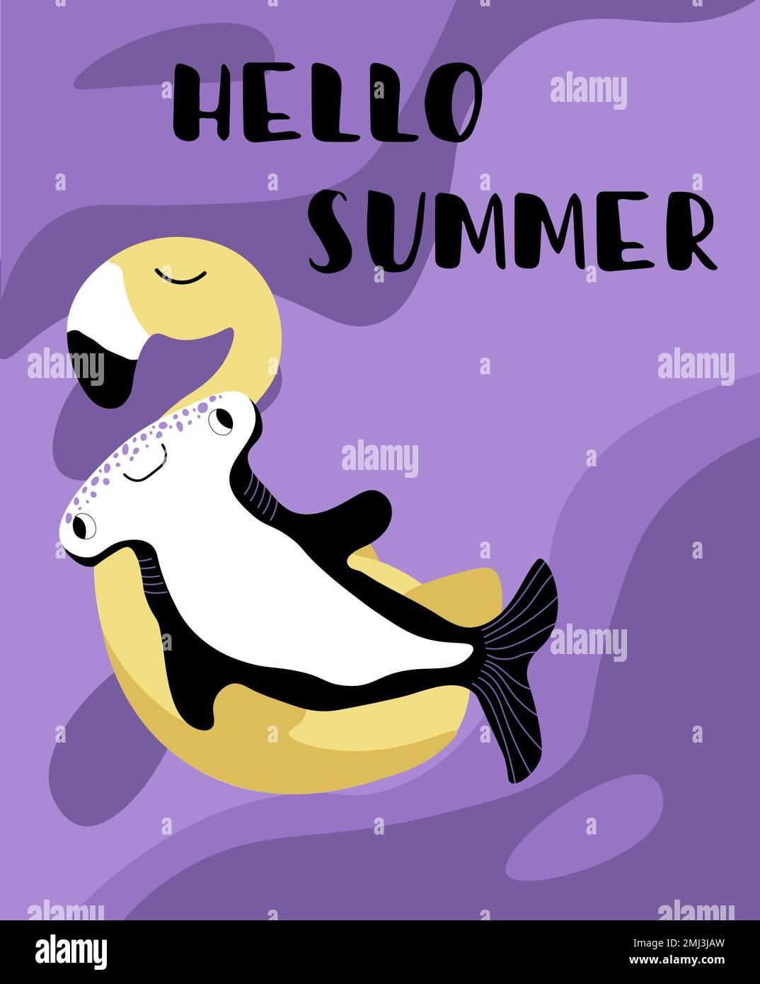 Vektor-Ozean-Illustration mit Hammerhaie-Fischen auf einem aufblasbaren Flamingo. Hello Summer - Moderne Schriftzeichen. Unterwassertiere. Design für Banner Stock Vektor