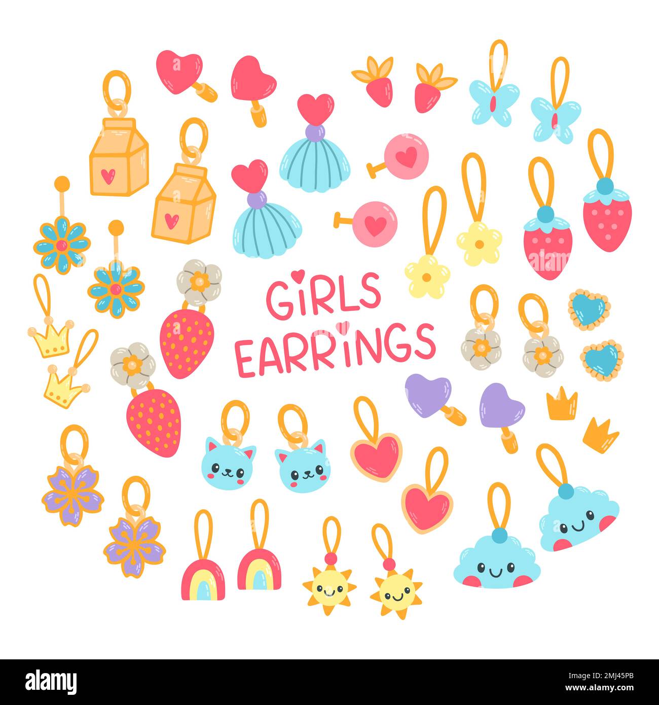 Schmuckset für Kinder, verschiedene Ohrringe. Zeichentrickohrringe für Kinder isoliert auf Weiß. Mode, Schmuckkonzept Stock Vektor