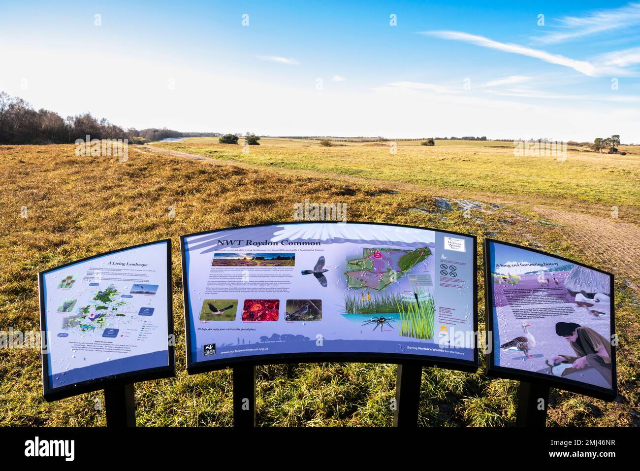 Informationsschild am Naturschutzgebiet Norfolk Wildlife Trust Roydon Common an einem hellen Winternachmittag. Stockfoto