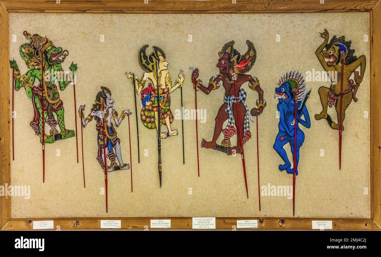 Schattenpuppen aus Indonesien, Puppentheater, Museo internazionale delle Marionette Antonio Pasqualino, UNESCO-Meisterwerk der Oral and Stockfoto