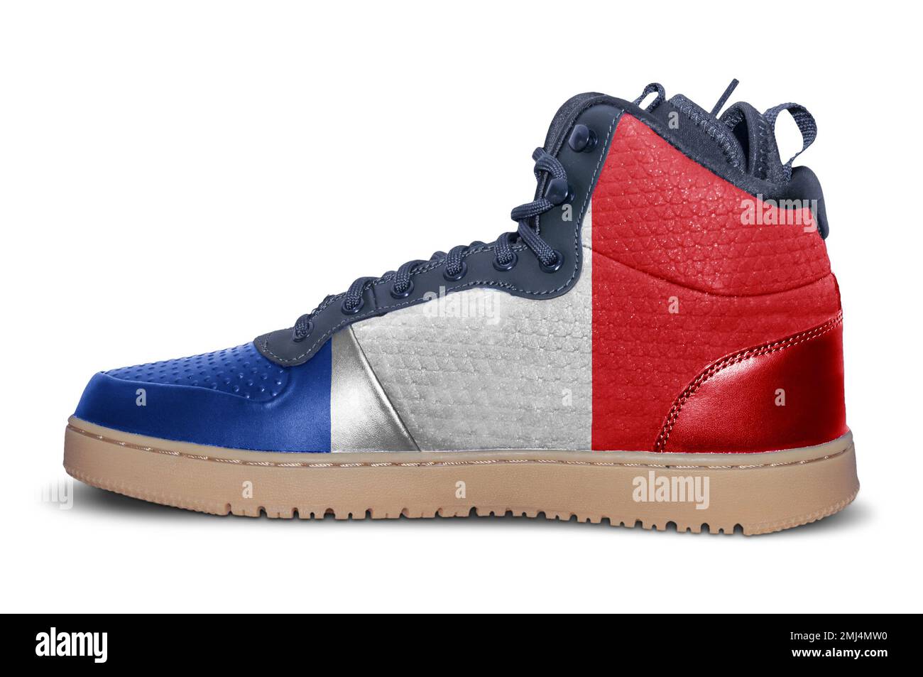 Modische Gummispiele mit französischer Flagge auf weißem Hintergrund Stockfoto