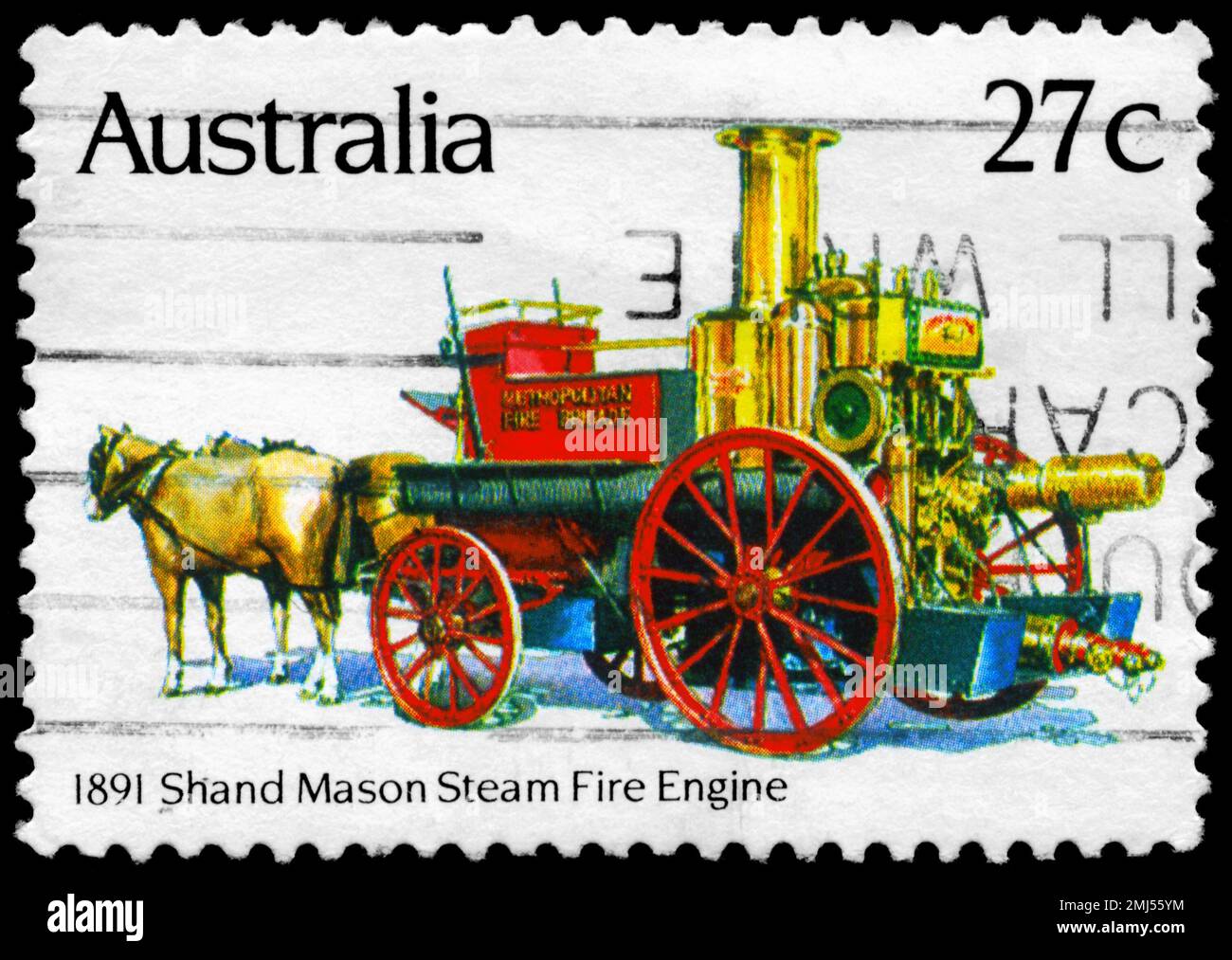 AUSTRALIEN - CIRCA 1983: Ein in AUSTRALIEN gedruckter Stempel zeigt die Shand Mason Steam (1891), Serie Historic Fire Engines, circa 1983 Stockfoto