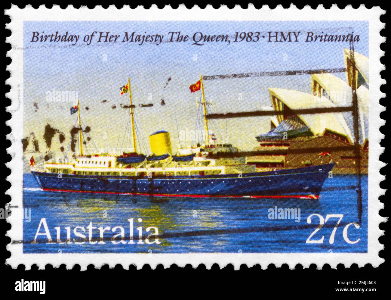 AUSTRALIEN - CIRCA 1983: Ein in AUSTRALIEN gedruckter Stempel zeigt die HMY Britannia, die Königin Elizabeth II. Gewidmet ist, 57. Geburtstag, circa 1983 Stockfoto