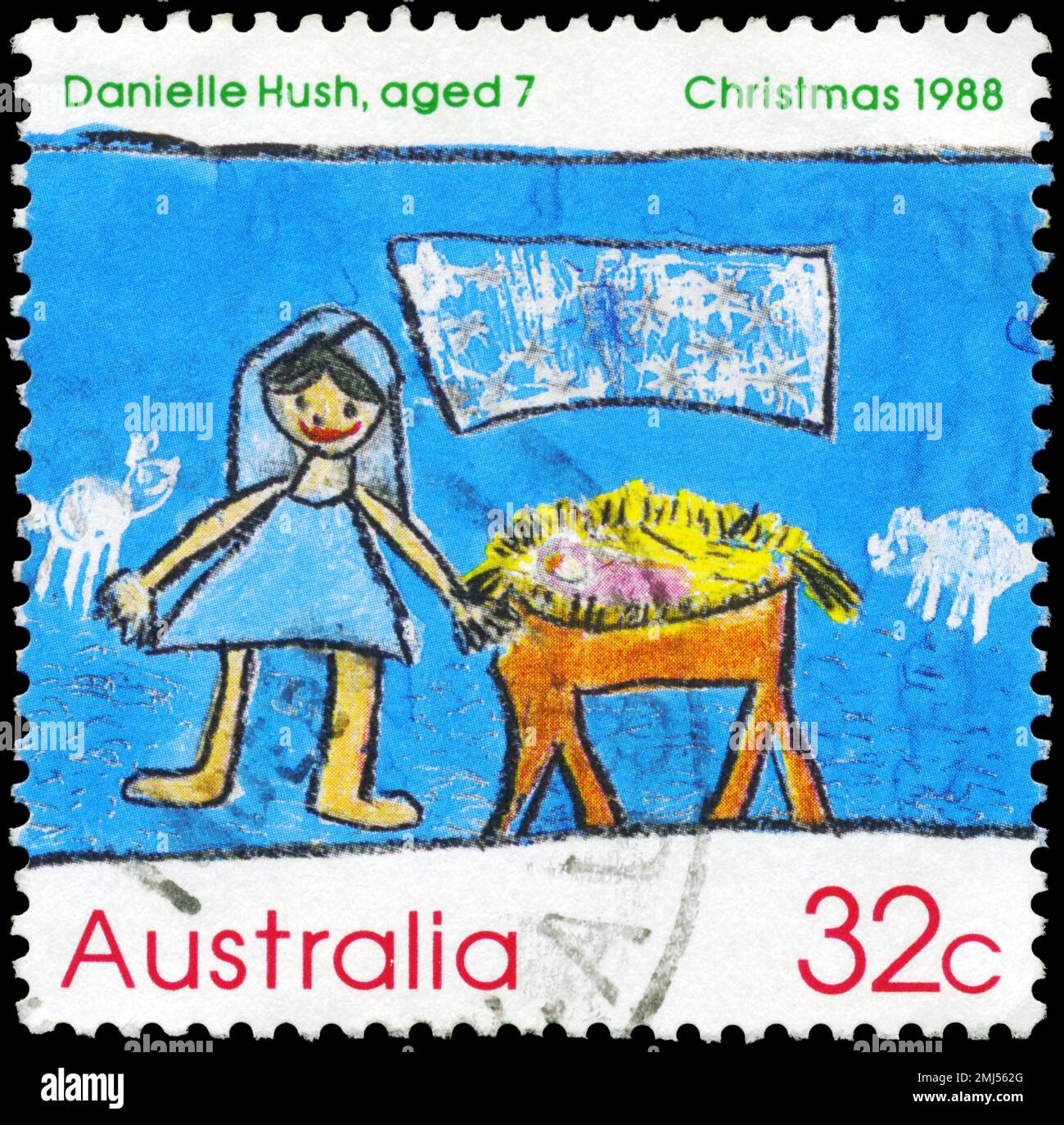 AUSTRALIEN - CIRCA 1988: Ein in AUSTRALIEN gedruckter Stempel zeigt die Geburtsszene, von Danielle Hush, 7 Jahre, preisgekrönte Zeichnungen des Children's Design Contest Stockfoto