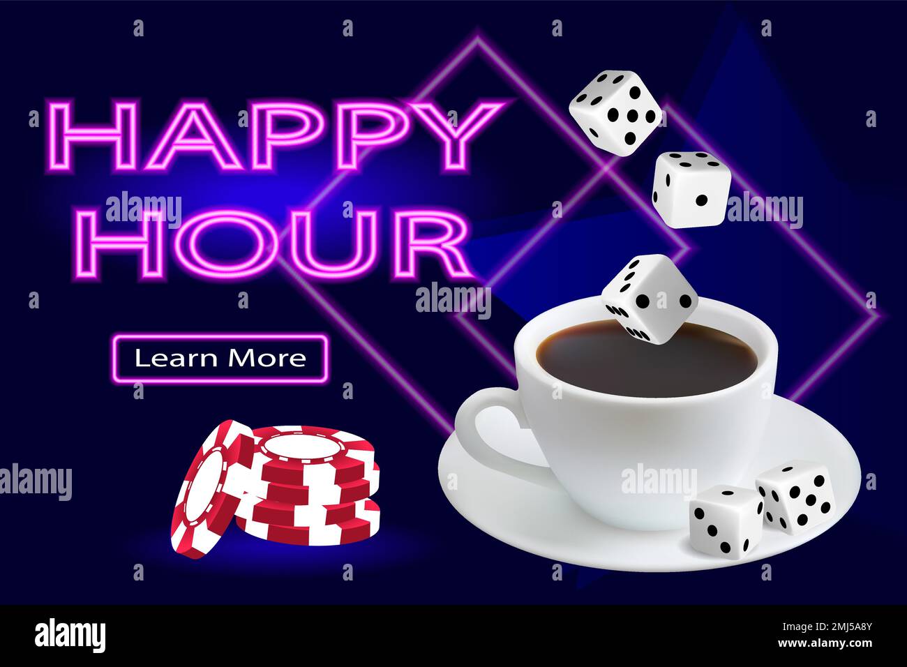 Online-Casino. Banner für die Website mit einer Tasse Kaffee, Würfel und einer Happy Hour-Aktion. Glücksspielkonzept. Vektorbild. Stock Vektor