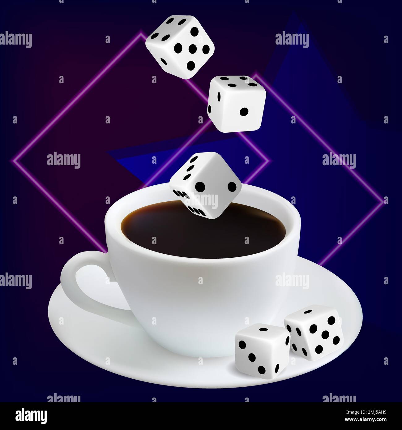 Online-Casino. Banner für den Standort mit einer Tasse Kaffee, Würfel. Glücksspielkonzept. Vektorbild. Stock Vektor