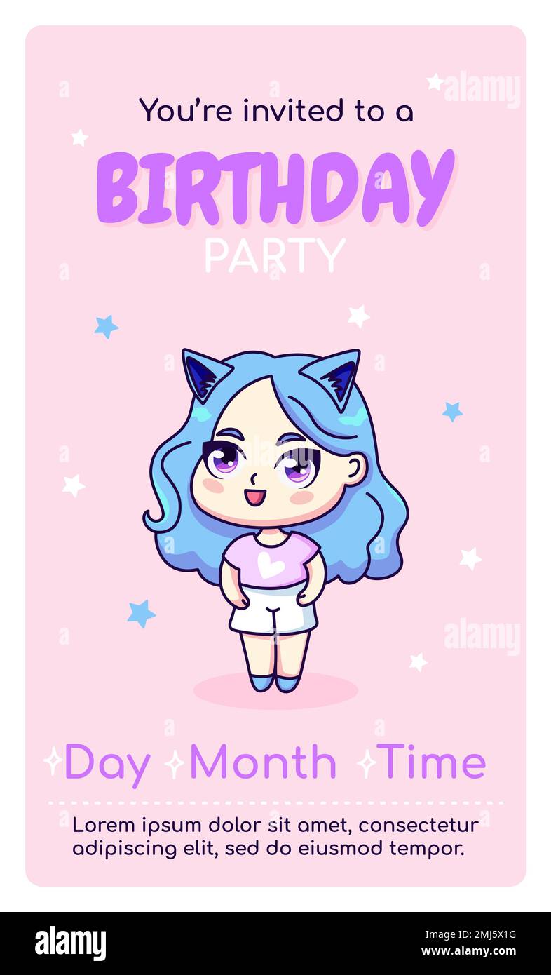Happy Birthday vertikale Einladungskarte mit Anime Chibi Mädchen. Stock Vektor