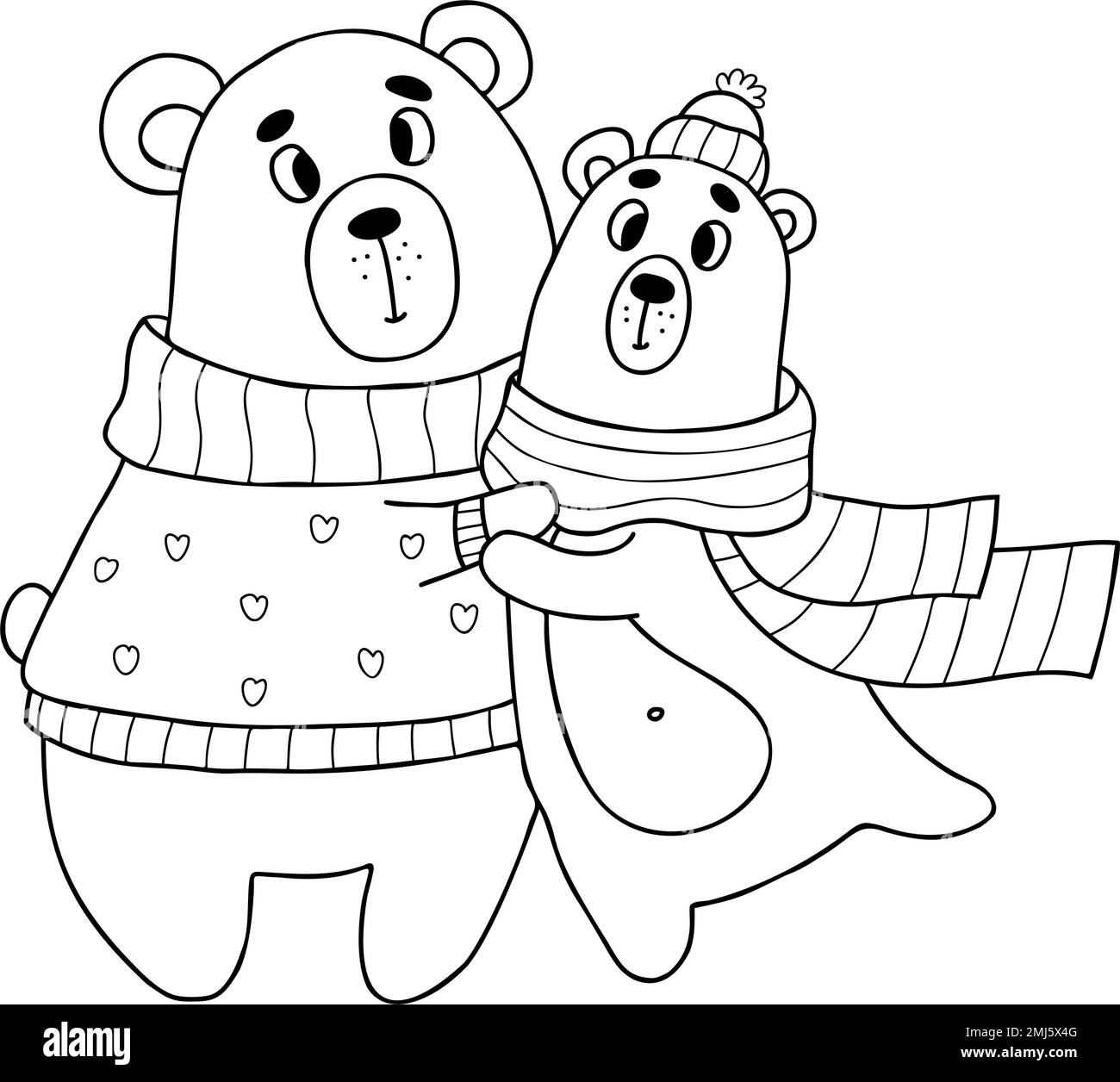 Süße Bären in Winterkleidung. Vektorgrafik im Kritzelstil. Umriss für Design, Dekor, Valentinskarten, Druck Stock Vektor