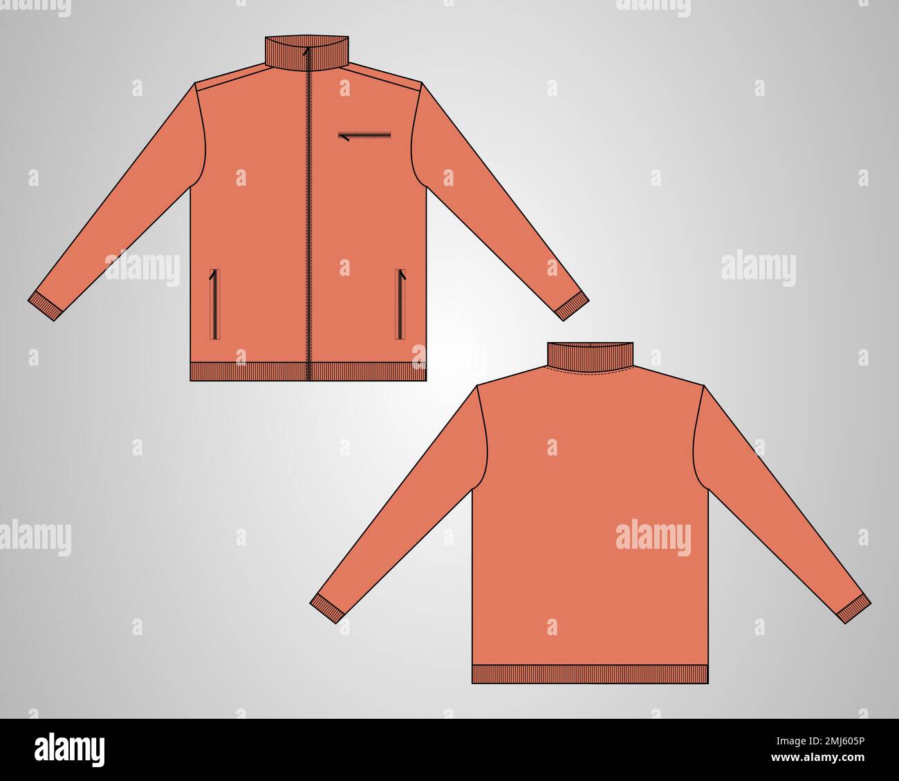 Langer Ausschnitt mit Ärmeln Design Gesamtdesign technische Skizze Vektorvorlage in Windjacke Vorder- und Rückansicht. Bomberjacke für Herren. Jacke Flach Stock Vektor