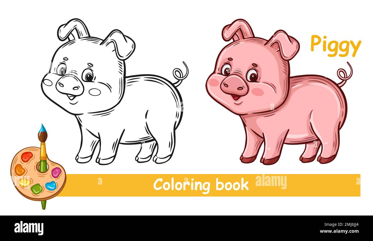 Süßes Schweinchen, kleine Schweinefarm, Tierkinder, Malbuch-Seite. Lustiges Ferkelchen. Der Charakter eines Landschweins. Logikpädagogik für Kinder im Vorschulalter. Vektor Stock Vektor