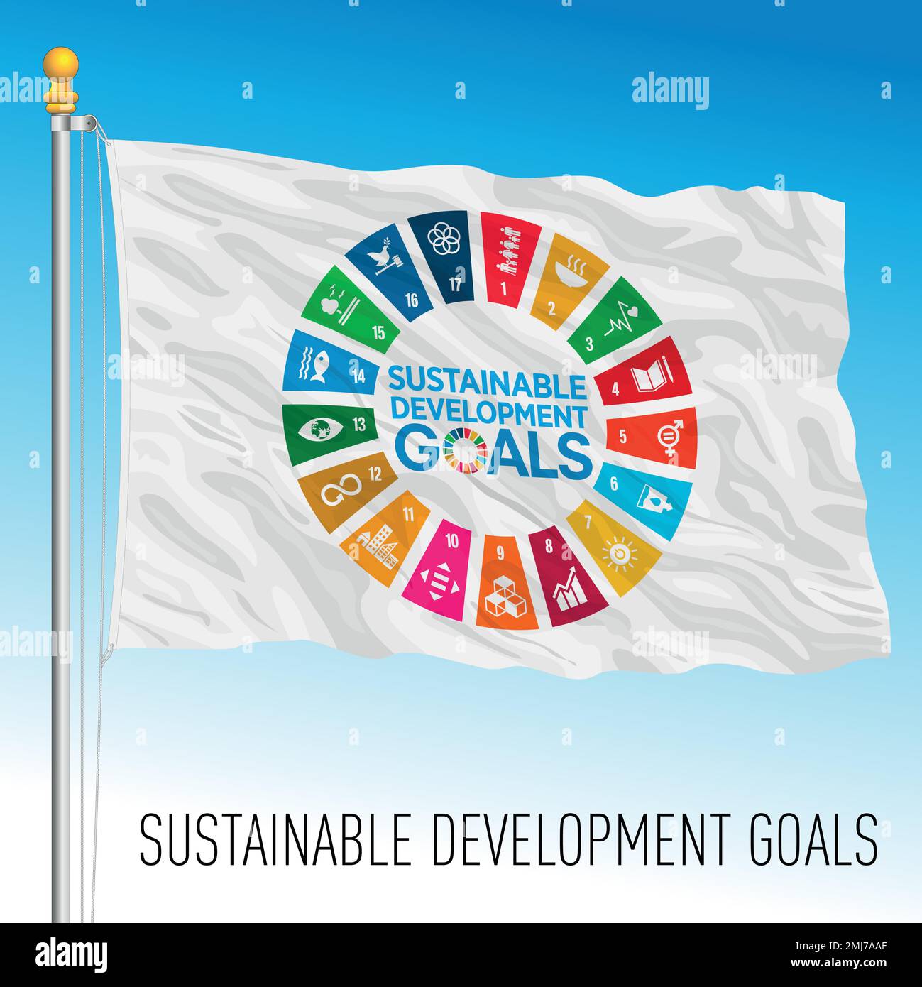 Flagge des internationalen Programms „Nachhaltige Entwicklungsziele“ mit Symbolen in einem Kreis mit farbigen Keilen, Vektordarstellung Stock Vektor