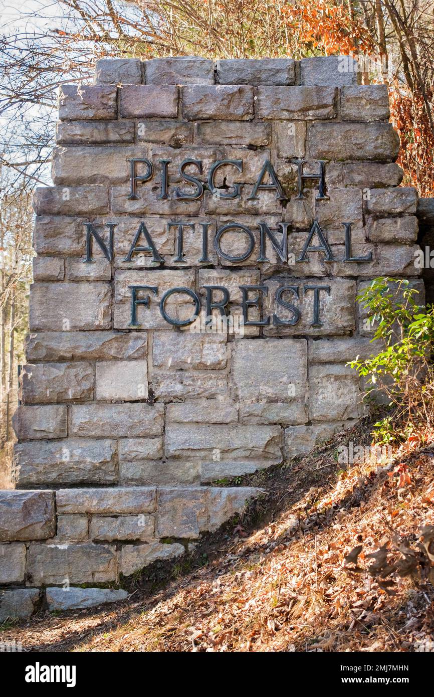 Pisgah National Forest Stone Eingangsschild an einem Herbsttag, North Carolina Stockfoto
