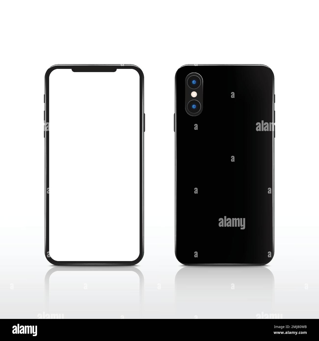 Modernes, realistisches, schwarzes Tablet-Smartphone mit Touchscreen auf weißem Hintergrund. Vorder- und Rückseite des Telefons isoliert. Vektordarstellung. Stock Vektor
