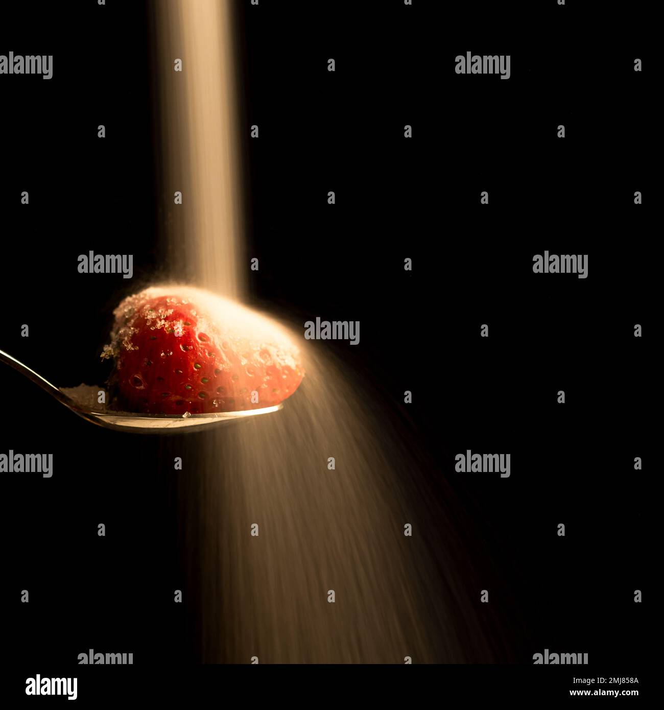 Zucker wird auf eine Erdbeere mit dunklem Hintergrund gegossen, Kopierbereich auf Schwarz. (Quadratisches Format) Stockfoto